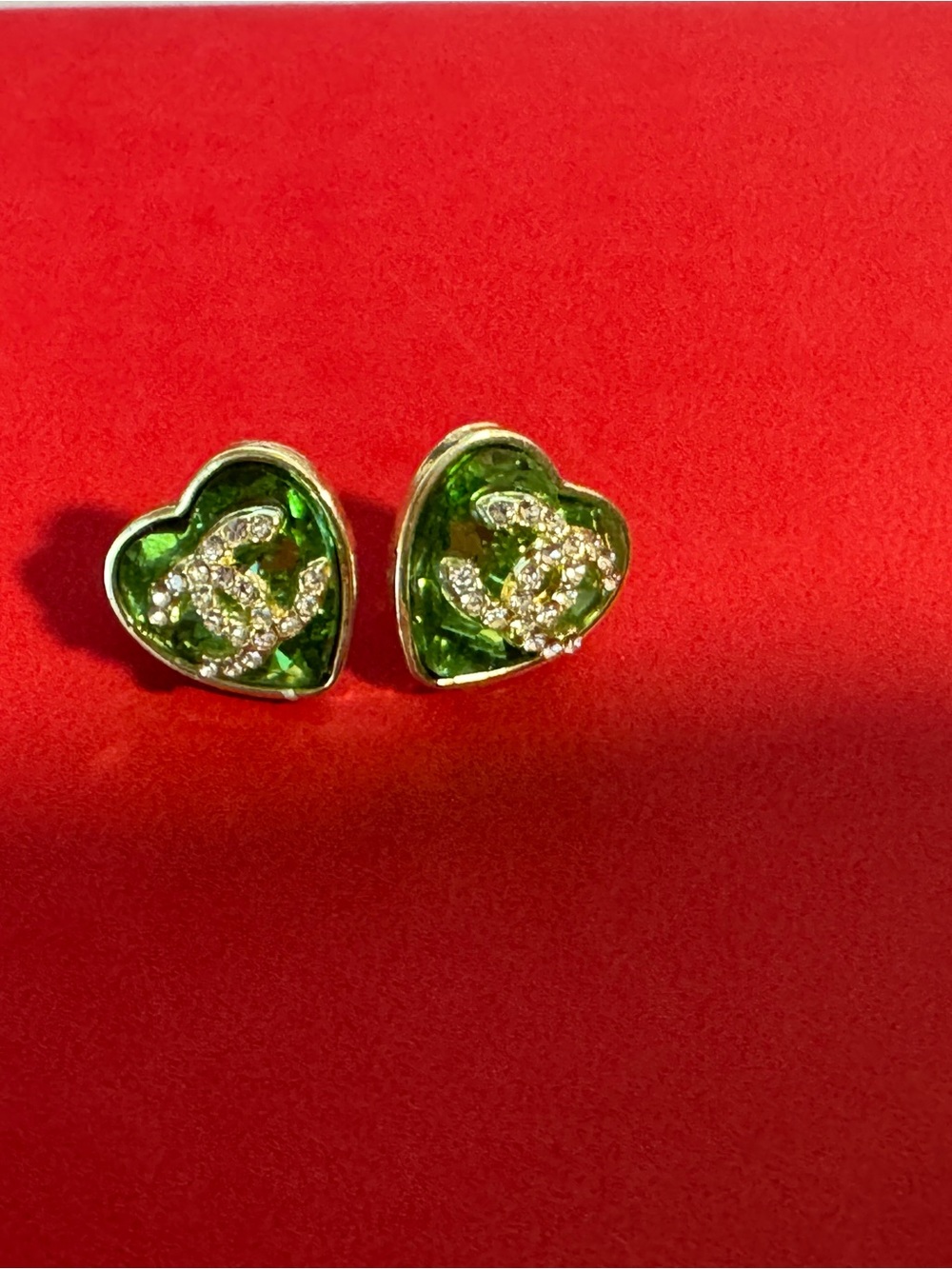 CHANEL Green Heart Crystal CC Stud Earrings